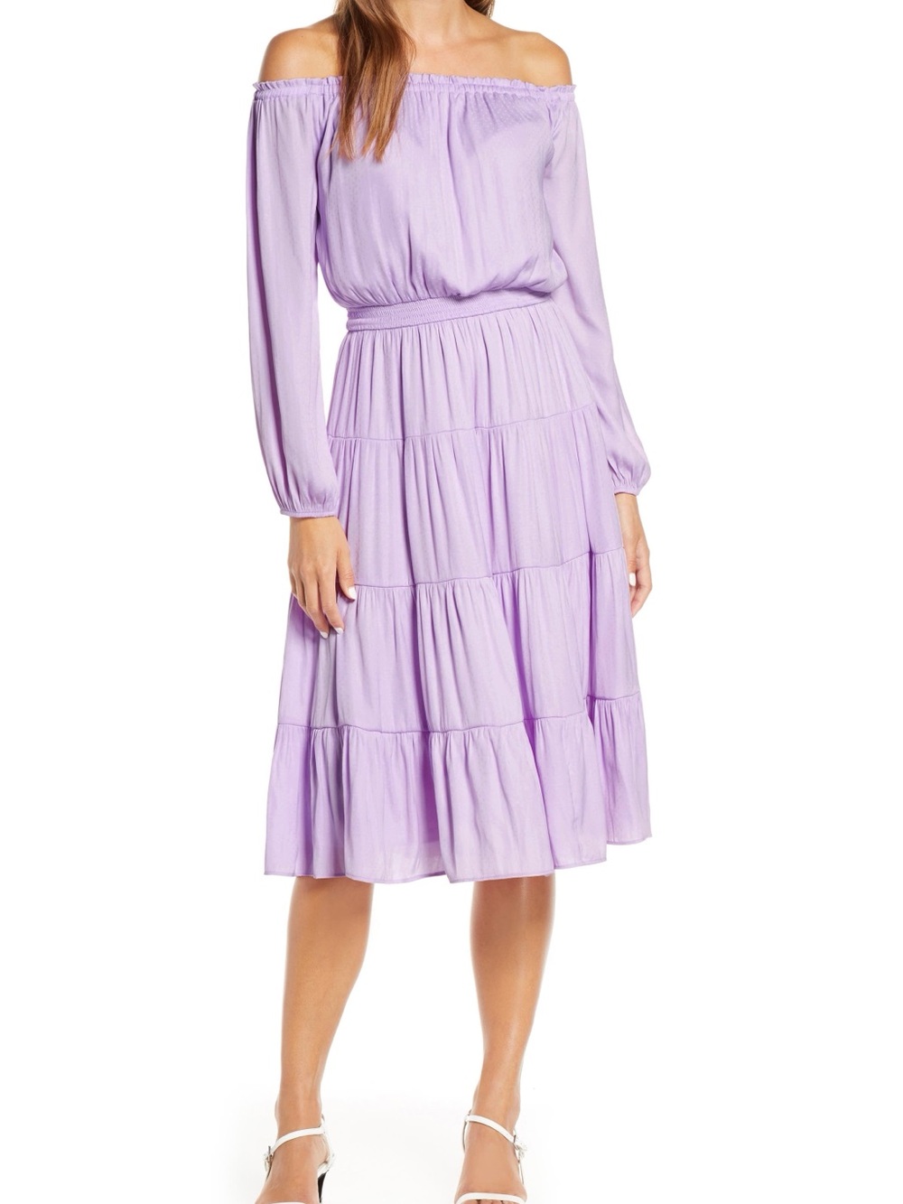 Lilly Pulitzer Lilac Off-Shoulder Tiered Midi Jennie Dress | Size Large